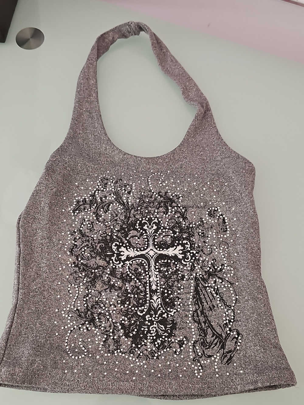 Gray Studded Cross-Accent Women's Shoulder Tote